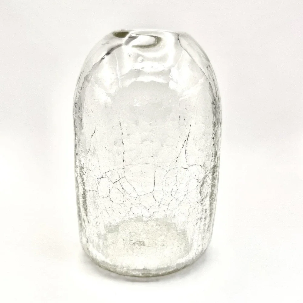 Vint.‎ Hand Blown Crackle Glass Vase Clear Textured Cylindrical Signed Art Glass